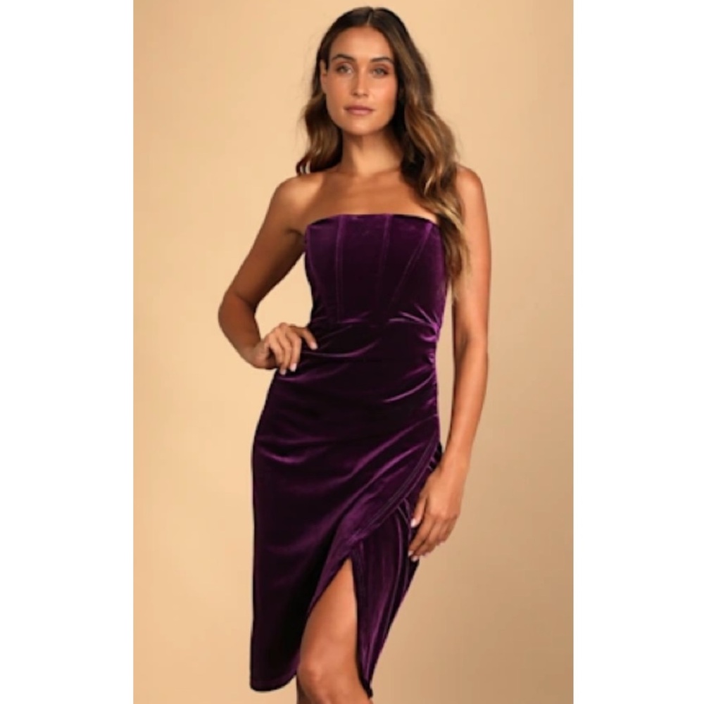 NWT Lulus Dark Purple Velvet Strapless Tulip Dress Size Large - Picture 2 of 15